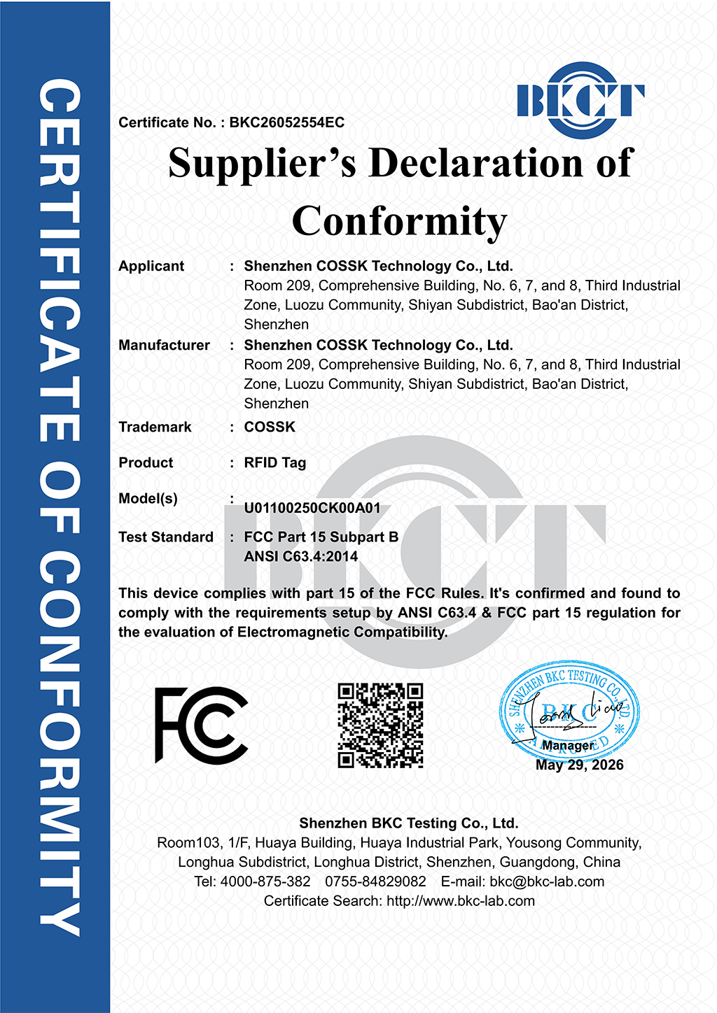 BKC26052554EC Shenzhen COSSK RFID Tag FCC Cert 01